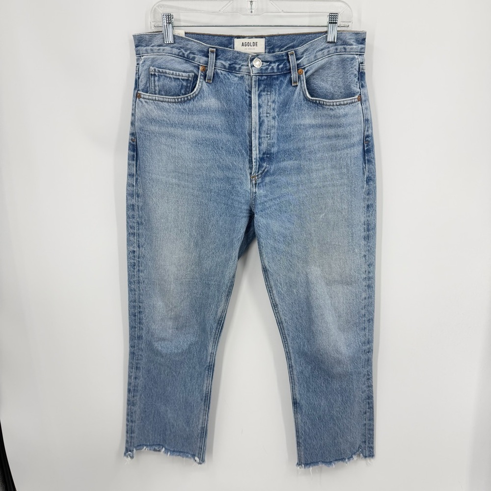 Agolde Riley Raw Hem High Rise Jeans, size 29 distressed blue denim
